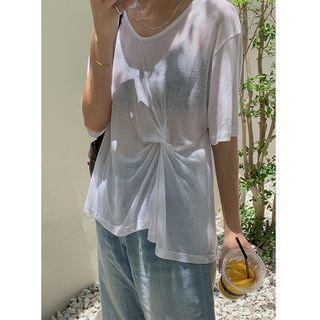 Elbow-sleeve Sheer Twist-front T-shirt