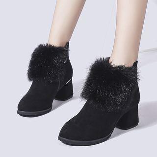 Block Heel Furry Ankle Boots