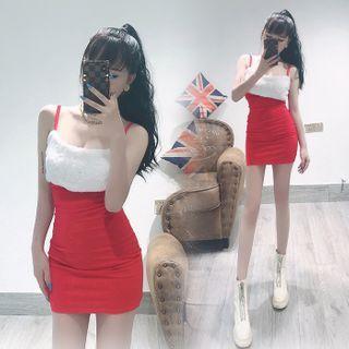 Spaghetti Strap Fluffy Panel Mini Bodycon Dress