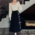 Set: Puff-sleeve Sweater + Lace-up A-line Skirt