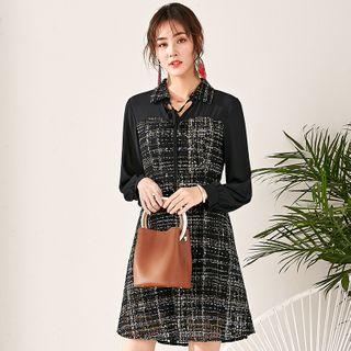 Chiffon Panel Long-sleeve Mini A-line Tweed Dress