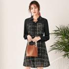 Chiffon Panel Long-sleeve Mini A-line Tweed Dress
