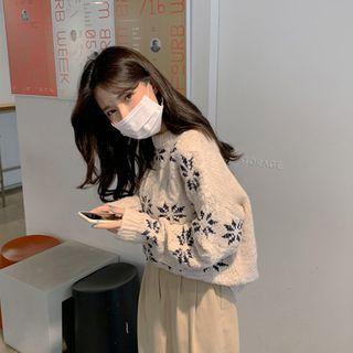 Crew-neck Patterned Cable-knit Sweater Light Beige - One Size