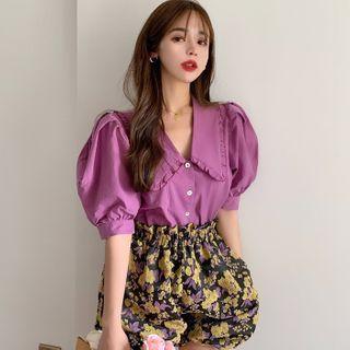 V-neck Puff-sleeve Blouse / Flower Print Shorts