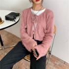 Tie-front Furry Cropped Cardigan Pink - One Size