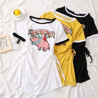 Drawstring-side Embroidered T-shirt Dress