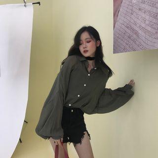 Puff-sleeve Loose-fit Shirt Green - One Size