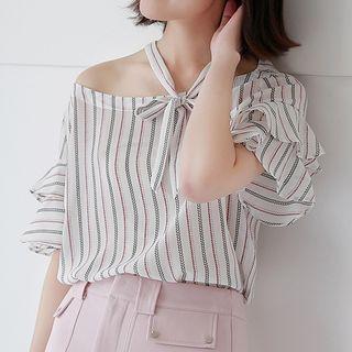 Striped Off Shoulder Elbow-sleeve Blouse