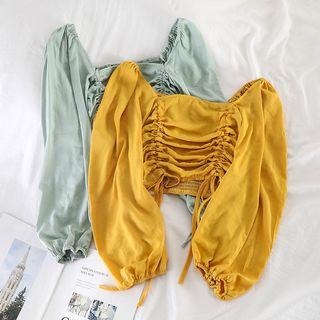 Plain Drawstring Puff-sleeve Chiffon Blouse