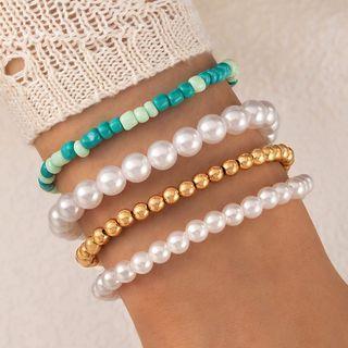 Set Of 4: Bead Bracelet 14588 - Set Of 4 - Green & Gold & White - One Size