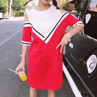 Color Block Cold Shoulder Elbow-sleeve T-shirt Dress