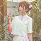 Flower Embroidered Elbow Sleeve Cropped Cheongsam Top