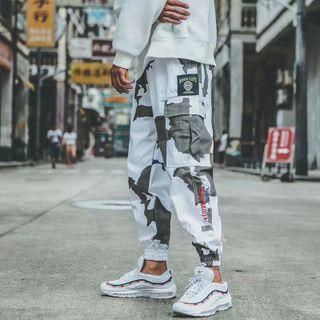 Lettering Embroidered Camouflage Print Harem Cargo Pants