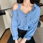 Cold Shoulder Denim Shirt Light Blue - One Size