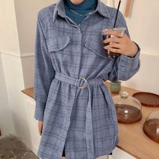Lapel Plaid Long-sleeve Long Shirt