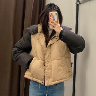 Color Block Cropped Hooded Padded Jacket