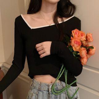 Long-sleeve Asymmetrical V-neck Top Black - One Size