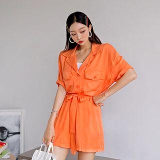 Set: Flap-pocket Loose-fit Shirt + Flared Shorts