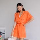 Set: Flap-pocket Loose-fit Shirt + Flared Shorts