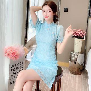 Puff-sleeve Floral Slim-fit Qipao Dress
