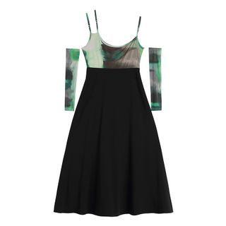 Set: Spaghetti Strap Print Panel Midi Dress + Arm Sleeves
