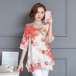 Short-sleeve Flower Printed Chiffon Top