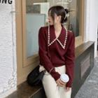 Peter Pan Collar Knit Sweater Wine Red - One Size