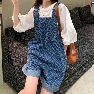 Puff-sleeve Plain Blouse / Patterned Denim Jumper Shorts