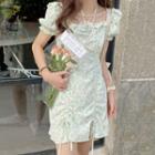 Short-sleeve Floral Print Frill Trim Drawstring Mini Sheath Dress