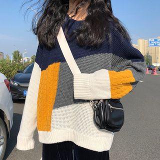 Long-sleeve Color Panel Knit Sweater As Shown In Figure - One Size