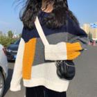 Long-sleeve Color Panel Knit Sweater As Shown In Figure - One Size