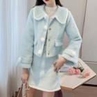 Set: Peter Pan-collar Faux Fleece Cardigan + High-waist Faux Fleece Skirt