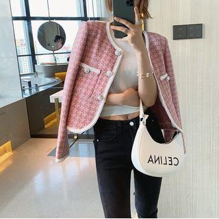 Long-sleeve Round-neck Cropped Trim Houndstooth Jacket