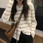 Long-sleeve Striped Single-breasted Button Knit Top