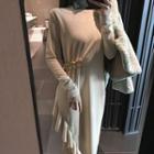 Long-sleeve Ruffle Trim Midi Knit Dress