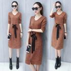 Long-sleeve Ribbon-waist Knit Dress