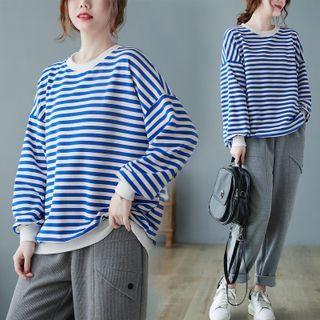 Long-sleeve Round-neck Striped Sweatshirt Blue - One Size