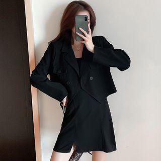 Long-sleeve Zebra Printed Cropped Cardigan / Strappy Slit-side Dress