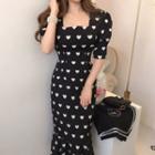 Heart Print Short-sleeve Midi Sheath Dress
