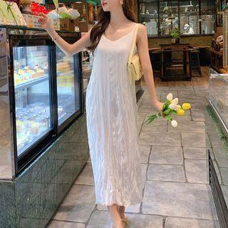 Spaghetti-strap Crinkle Midi A-line Dress