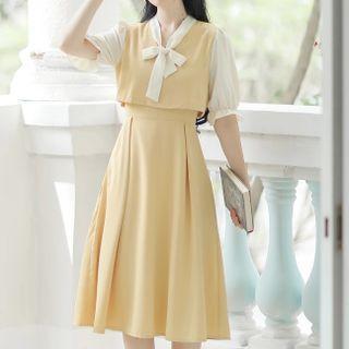Bow-neck Two-tone Midi A-line Dress