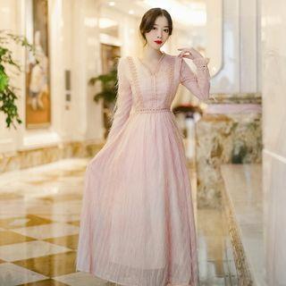 V-neck Lace A-line Fringed Maxi Dress