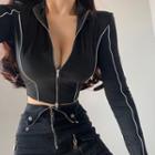 Long-sleeve Contrast Trim Zip Cropped T-shirt