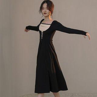 Long-sleeve Lace-up Two-tone Knit Midi A-line Dress