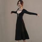 Long-sleeve Lace-up Two-tone Knit Midi A-line Dress
