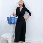 Elbow-sleeve Midi Slit Sheath Dress Black - One Size