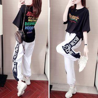 Set: Short-sleeve Lettering T-shirt + Cropped Harem Pants
