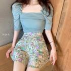 Puff-sleeve Blouse / Floral Print Mini A-line Skirt