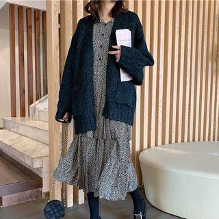 Open-front Cardigan / Long-sleeve Floral Print Midi Tiered Dress