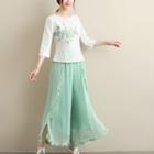 Printed 3/4-sleeve Top / Cropped Wide-leg Pants